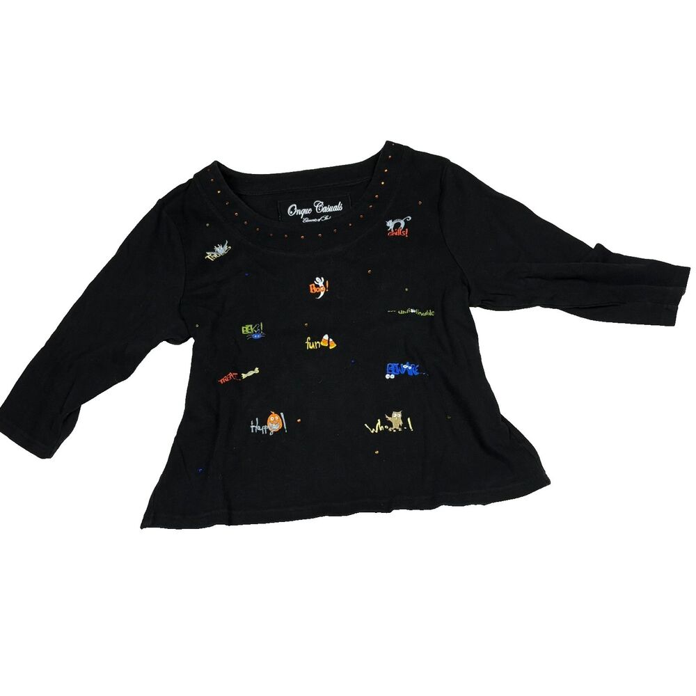 Women's Black Halloween‎ Top Shirt XL Pumpkins Ghosts Cats Witchy Whimsigoth